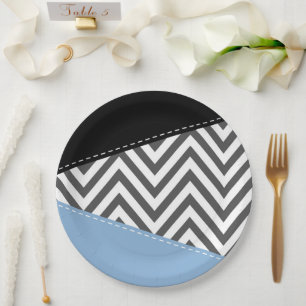 Grey Zigzag, Grey Chevron, Zigzag Pattern, Blue Paper Plate