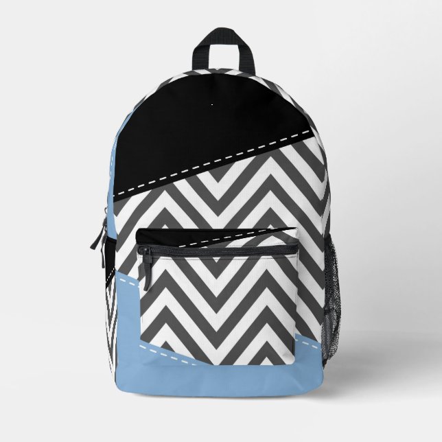 Grey Zigzag, Grey Chevron, Zigzag Pattern, Blue Printed Backpack (Front)