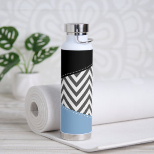 Grey Zigzag, Grey Chevron, Zigzag Pattern, Blue Water Bottle