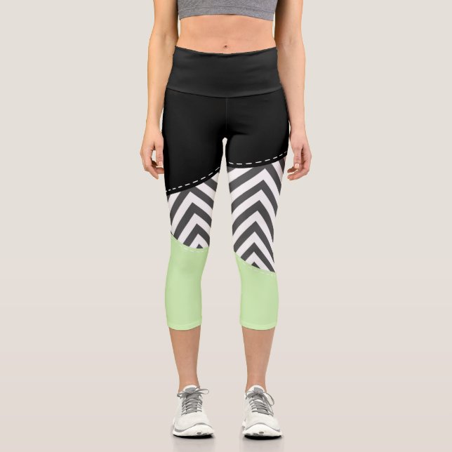 Grey Zigzag, Grey Chevron, Zigzag Pattern, Mint Capri Leggings (Front)