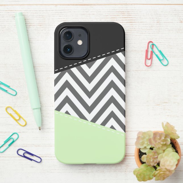Grey Zigzag, Grey Chevron, Zigzag Pattern, Mint iPhone Case (On Desk)