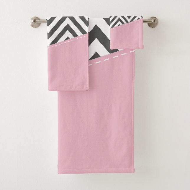 Grey Zigzag, Grey Chevron, Zigzag Pattern, Pink Bath Towel Set (Insitu)