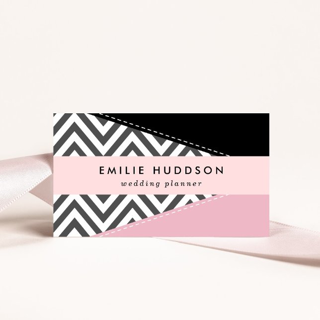 Grey Zigzag, Grey Chevron, Zigzag Pattern, Pink Business Card (Creator Uploaded)