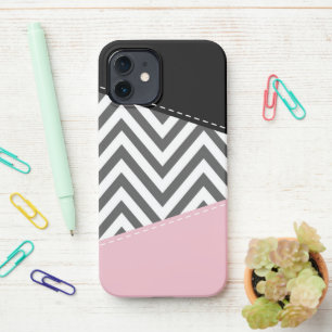 Grey Zigzag, Grey Chevron, Zigzag Pattern, Pink iPhone 12 Case