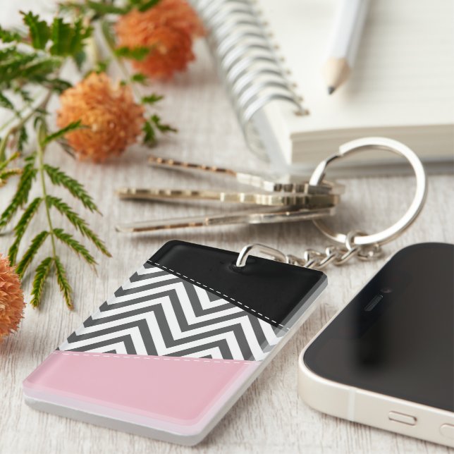 Grey Zigzag, Grey Chevron, Zigzag Pattern, Pink Keychain (Front Right)