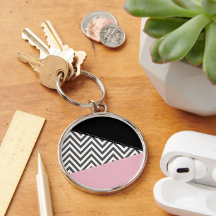 Grey Zigzag, Grey Chevron, Zigzag Pattern, Pink Keychain