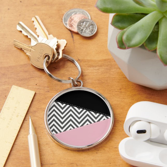 Grey Zigzag, Grey Chevron, Zigzag Pattern, Pink Keychain (Desk)