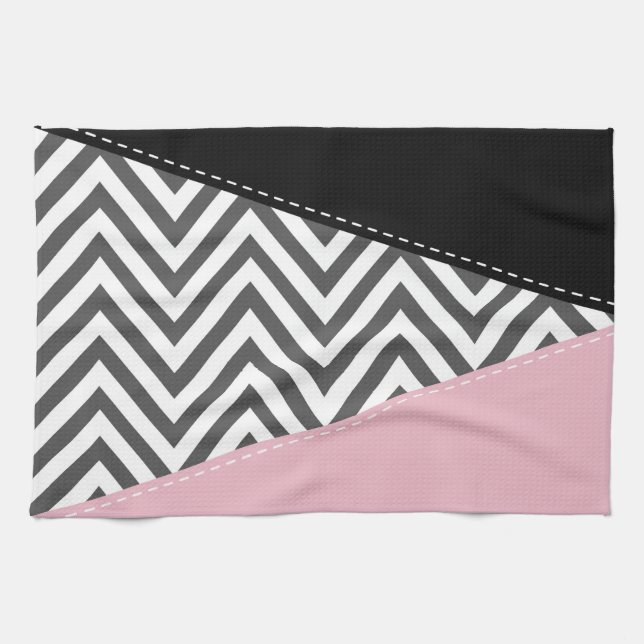 Grey Zigzag, Grey Chevron, Zigzag Pattern, Pink Kitchen Towel (Horizontal)