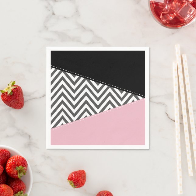 Grey Zigzag, Grey Chevron, Zigzag Pattern, Pink Napkin (Insitu)