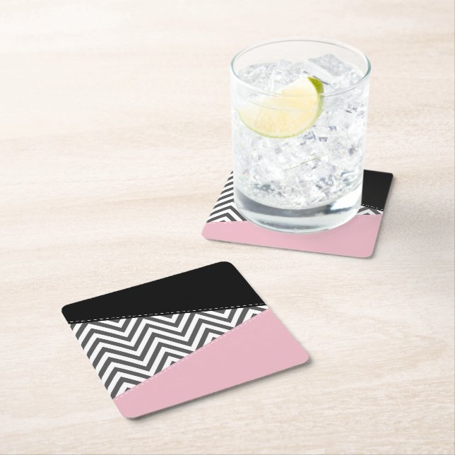 Grey Zigzag, Grey Chevron, Zigzag Pattern, Pink Square Paper Coaster (Insitu)
