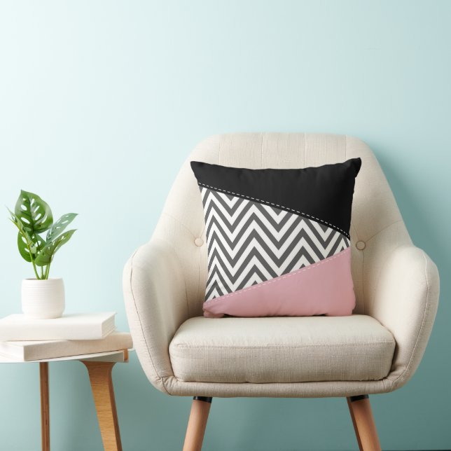 Grey Zigzag, Grey Chevron, Zigzag Pattern, Pink Throw Pillow (Chair)