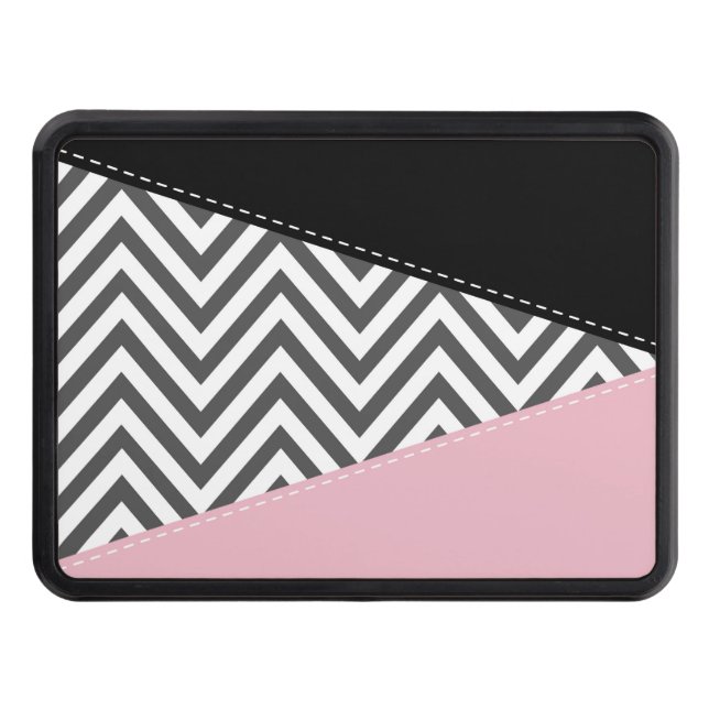 Grey Zigzag, Grey Chevron, Zigzag Pattern, Pink Trailer Hitch Cover (Front)