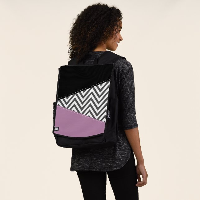 Grey Zigzag, Grey Chevron, Zigzag Pattern, Purple Backpack (Worn)