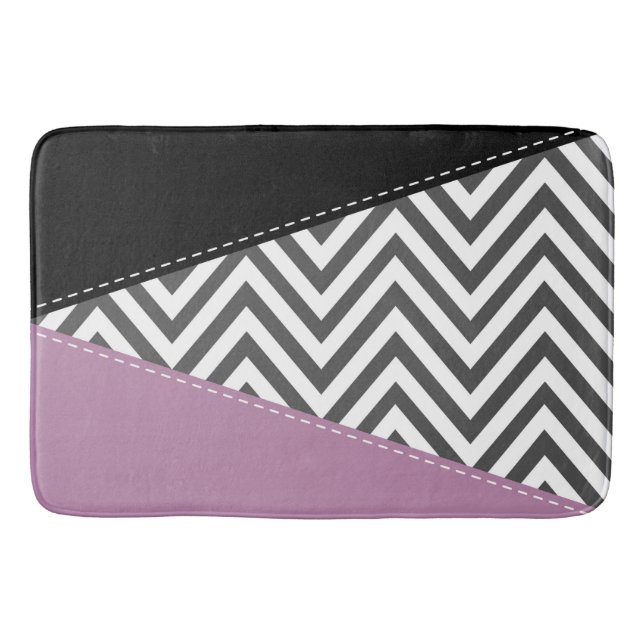 Grey Zigzag, Grey Chevron, Zigzag Pattern, Purple Bath Mat (Front)
