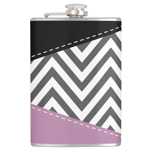 Grey Zigzag, Grey Chevron, Zigzag Pattern, Purple Hip Flask (Front)