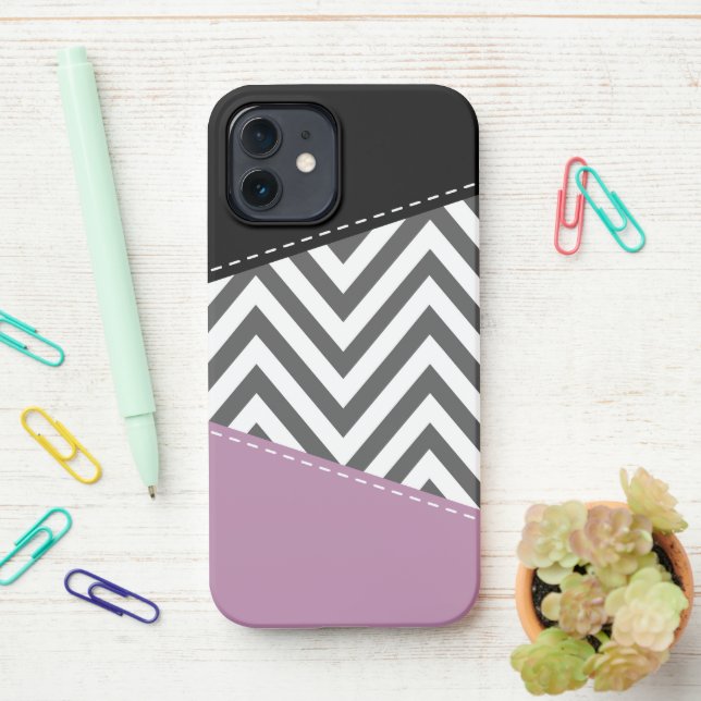 Grey Zigzag, Grey Chevron, Zigzag Pattern, Purple iPhone Case (On Desk)