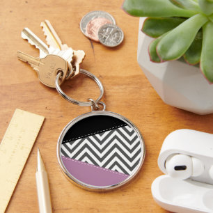 Grey Zigzag, Grey Chevron, Zigzag Pattern, Purple Keychain