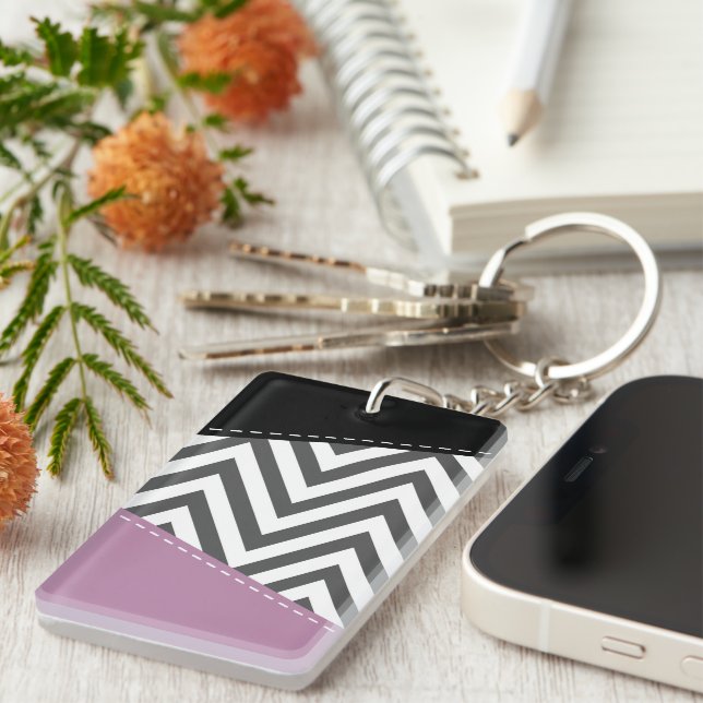 Grey Zigzag, Grey Chevron, Zigzag Pattern, Purple Keychain (Front Right)