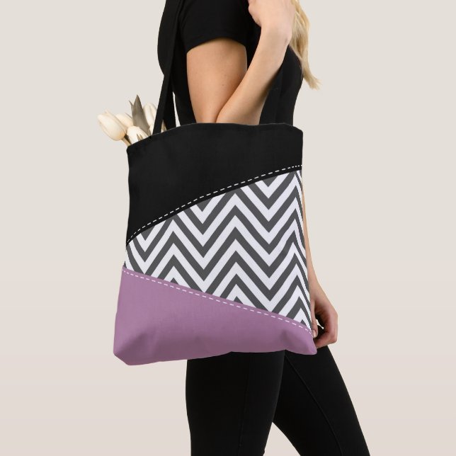 Grey Zigzag, Grey Chevron, Zigzag Pattern, Purple Tote Bag (Close Up)