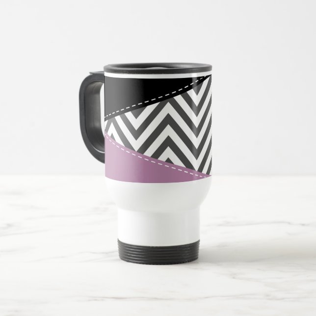 Grey Zigzag, Grey Chevron, Zigzag Pattern, Purple Travel Mug (Front Left)
