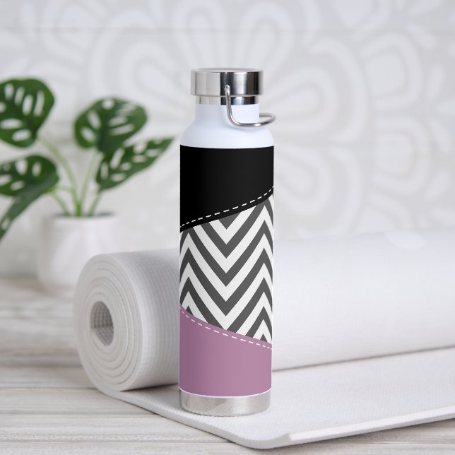 Grey Zigzag, Grey Chevron, Zigzag Pattern, Purple Water Bottle (Yoga)