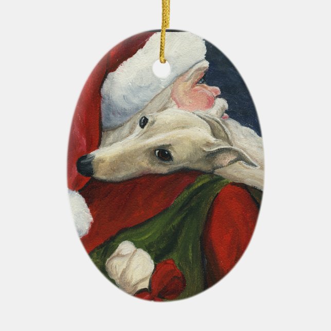 Greyhound and Santa Dog Art Ornament (Front)