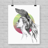 Greyhound and Woman Portrait Dog lover Elegant Art