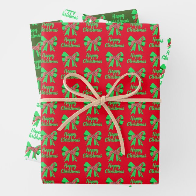 Greyhound Christmas Dog & Green Bow 3 Color Wrapping Paper Sheet (In situ)