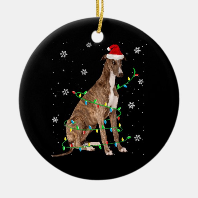 greyhound christmas light cute santa greyhound ceramic ornament (Front)
