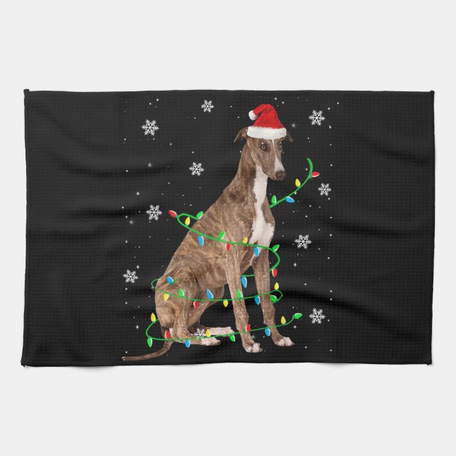greyhound christmas light cute santa greyhound kitchen towel (Horizontal)