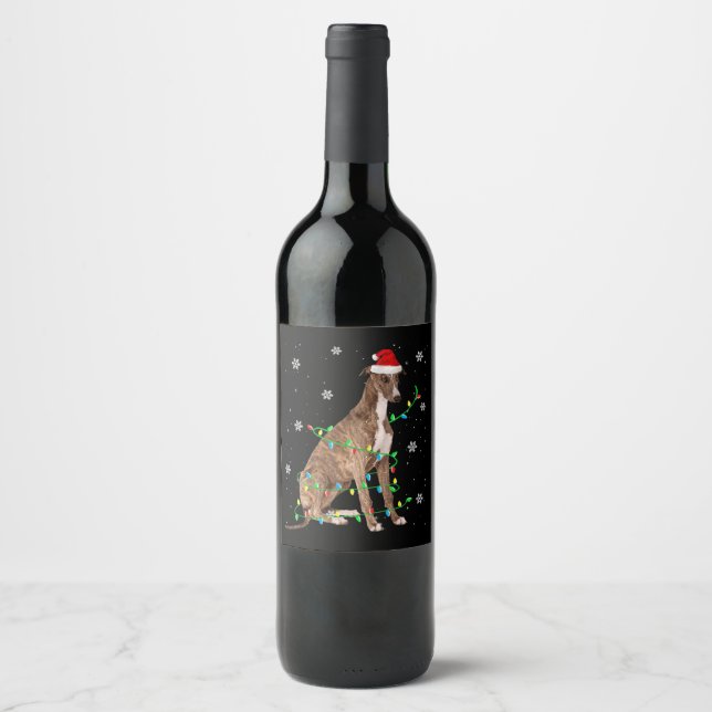 greyhound christmas light cute santa greyhound wine label (Front)