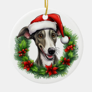 Greyhound Christmas wreath Ceramic Ornament