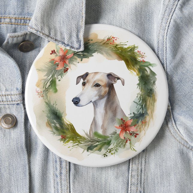 Greyhound Christmas Wreath Festive Pup  6 Inch Round Button (In Situ)