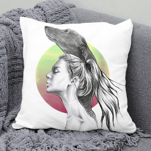 Greyhound dog and woman portrait drawing art throw pillow