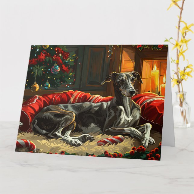 Greyhound Dog Christmas Festive Card (Yellow Flower)