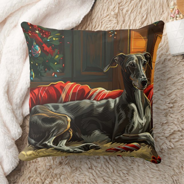 Greyhound Dog Christmas Festive Throw Pillow (Blanket)