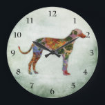 Greyhound Dog Floral On Green Large Clock<br><div class="desc">Greyhound Dog with a shabby floral design profile over a textured painted green background. A lovely gift for a pet owner.</div>