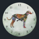 Greyhound Dog Floral On Green Large Clock<br><div class="desc">Greyhound Dog with a shabby floral design profile over a textured painted green background. A lovely gift for a pet owner.</div>