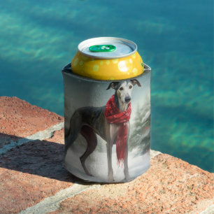 Greyhound Dog in Snow Christmas Can Cooler