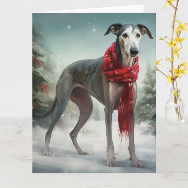 Greyhound Dog in Snow Christmas  Card (Yellow Flower)