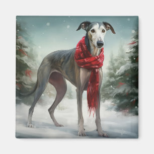 Greyhound Dog in Snow Christmas Magnet