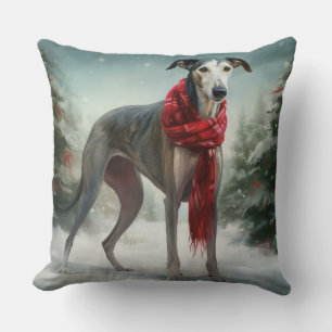 Greyhound Dog in Snow Christmas Throw Pillow