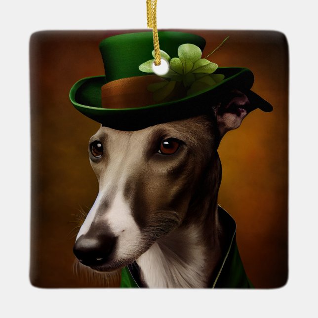 Greyhound Dog in St. Patrick's Day Dress Ceramic Ornament (Front)