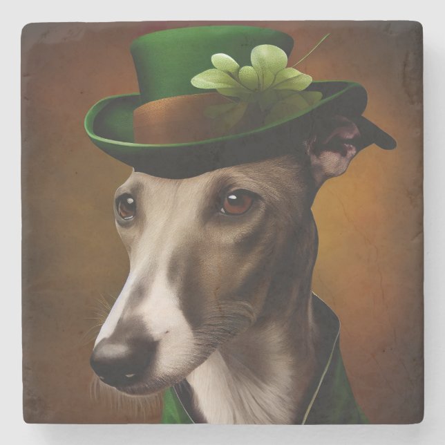 Greyhound Dog in St. Patrick's Day Dress Stone Coaster (Front)