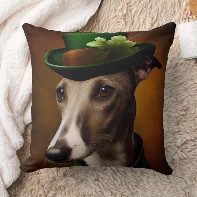 Greyhound Dog in St. Patrick's Day Dress Throw Pillow (Blanket)