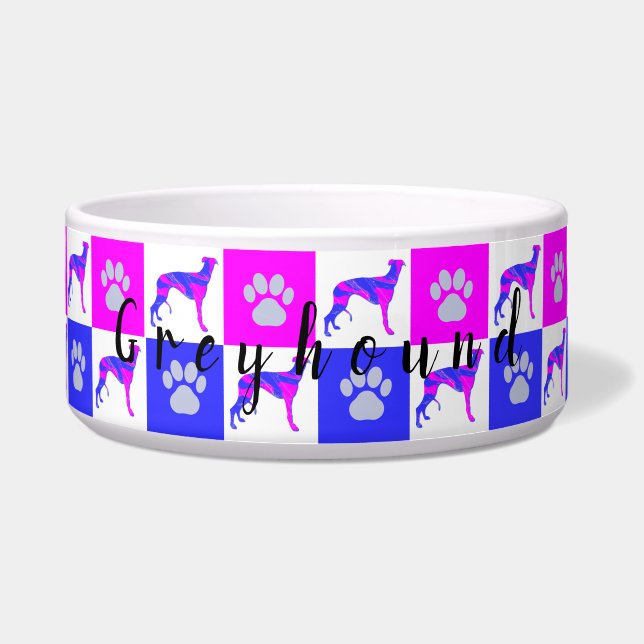 Greyhound Dog & Paw Hot Pink & Blue Pet Bowl (Front)