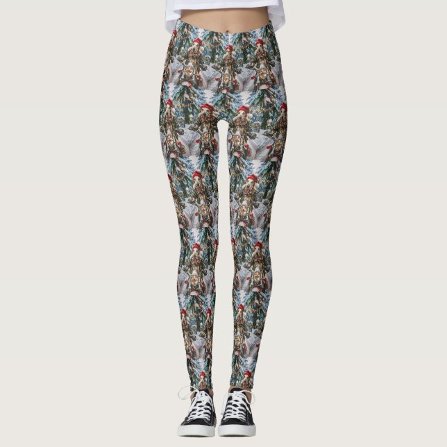 Greyhound Dog Riding Motorcycle Christmas  Leggings (Front)