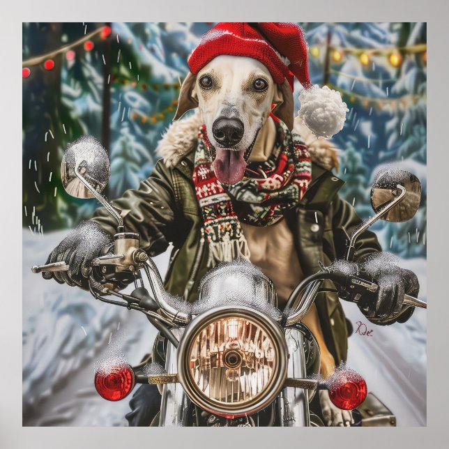 Greyhound Dog Riding Motorcycle Christmas  Poster (Front)
