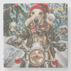 Greyhound Dog Riding Motorcycle Christmas  Stone Coaster