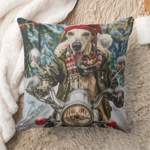 Greyhound Dog Riding Motorcycle Christmas  Throw Pillow
